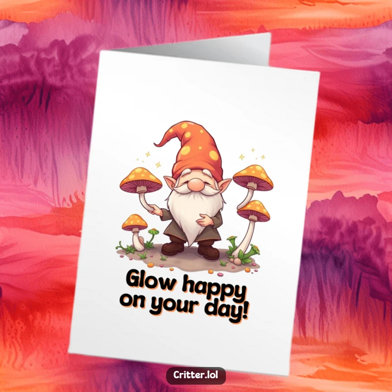 Free Printable Birthday Card: A whimsical gnome with a big smile juggles colorful, glowing mushrooms under a starry night sky.