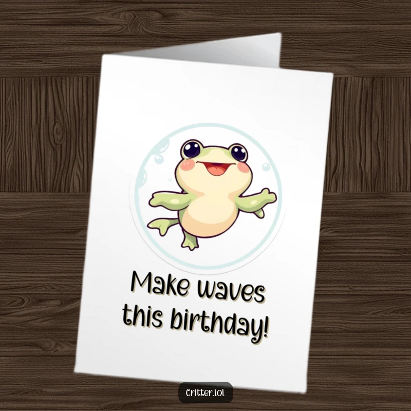 Funny Free Printable Birthday Card: Happy tadpole excitedly swimming in a circle, celebrating a birthday with enthusiastic loops.