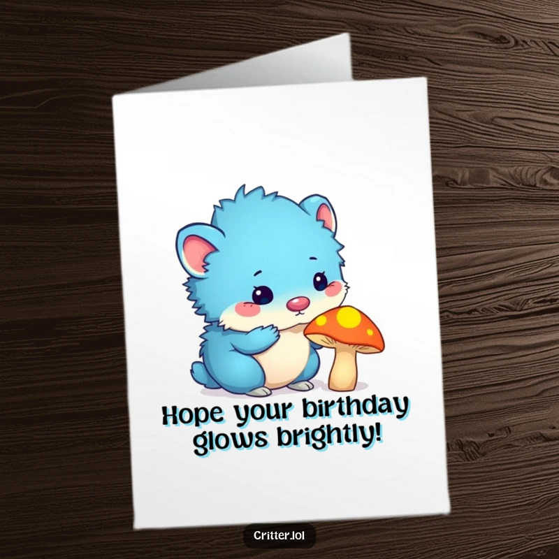 Funny Free Printable Birthday Card: Blue furry critter with antennas sniffs a glowing mushroom with wide, curious eyes.