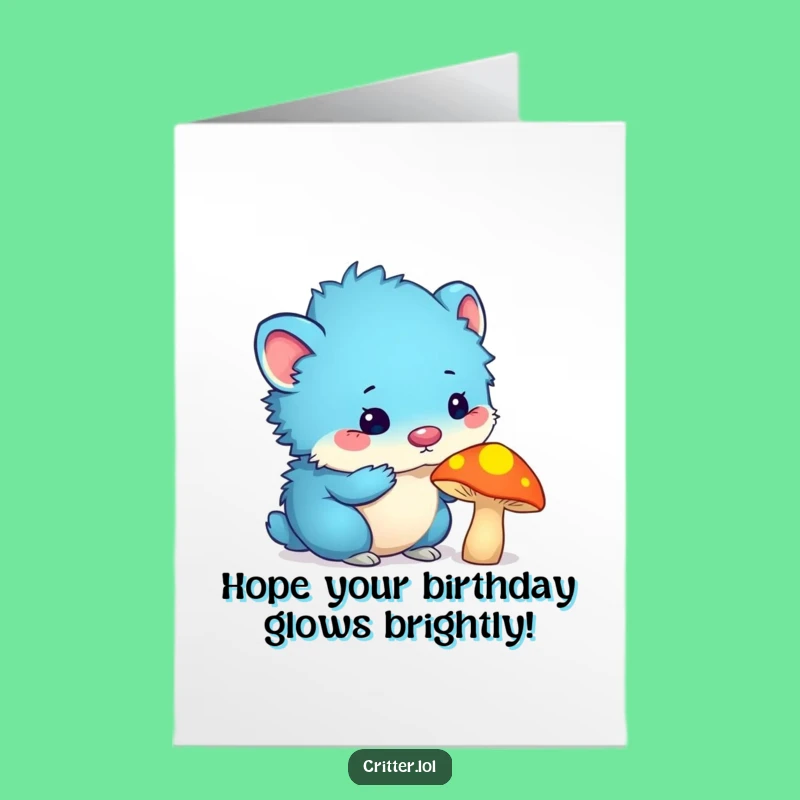 Funny Free Printable Birthday Card: Blue Critter Sniffing Mushroom, Downloadable DIY Gift