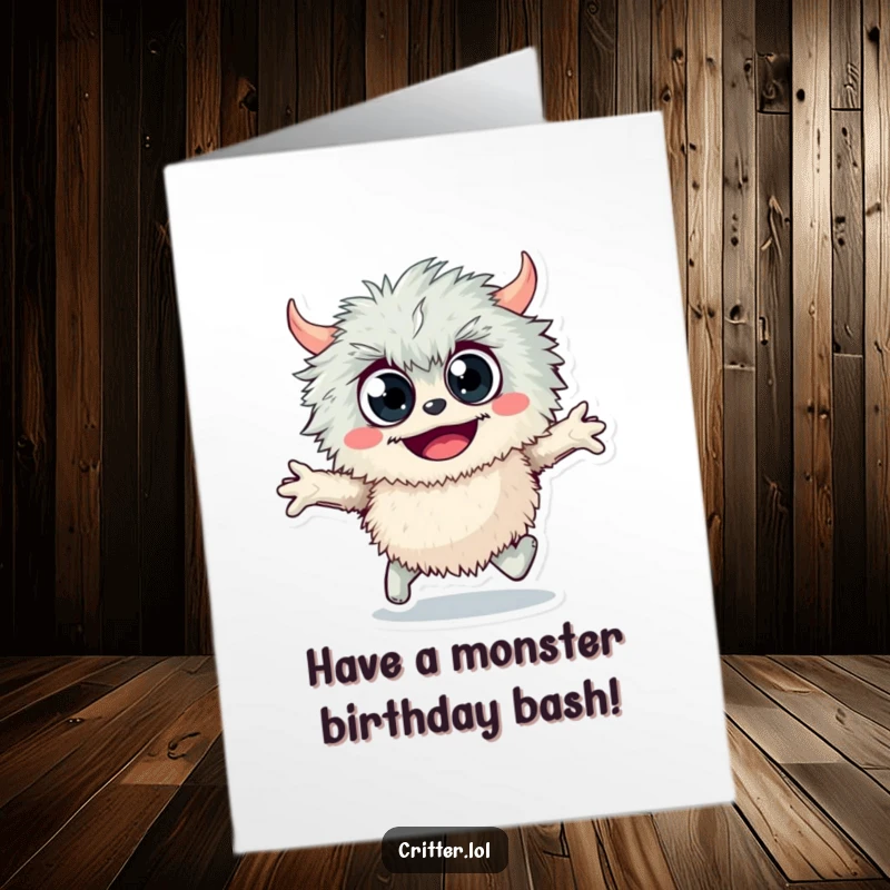 Funny Free Printable Birthday Card: A fuzzy monster with googly eyes skipping joyfully, spreading birthday cheer.