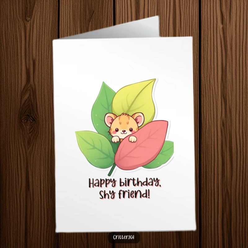 Funny Free Printable Birthday Card: Shy critter peeking from behind a large colorful leaf, shyly celebrating.