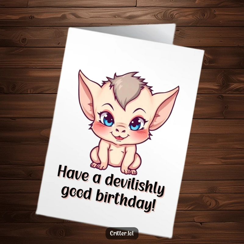 Funny Free Printable Birthday Card: A mischievous imp with pointy ears grins wickedly, ready for birthday fun.