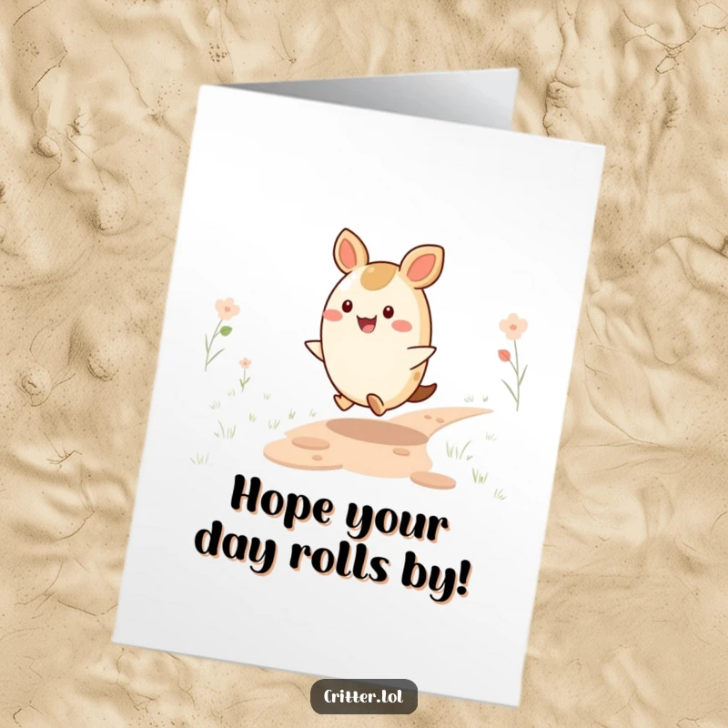 Funny Free Printable Birthday Card: Happy round critter joyfully skipping along a colorful path, spreading cheer.