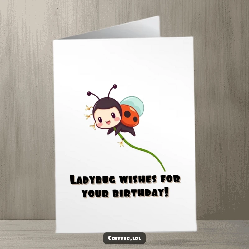 Funny Free Printable Birthday Ladybug Card: Tiny ladybug gleefully rides a flying dandelion seed, celebrating a birthday journey.