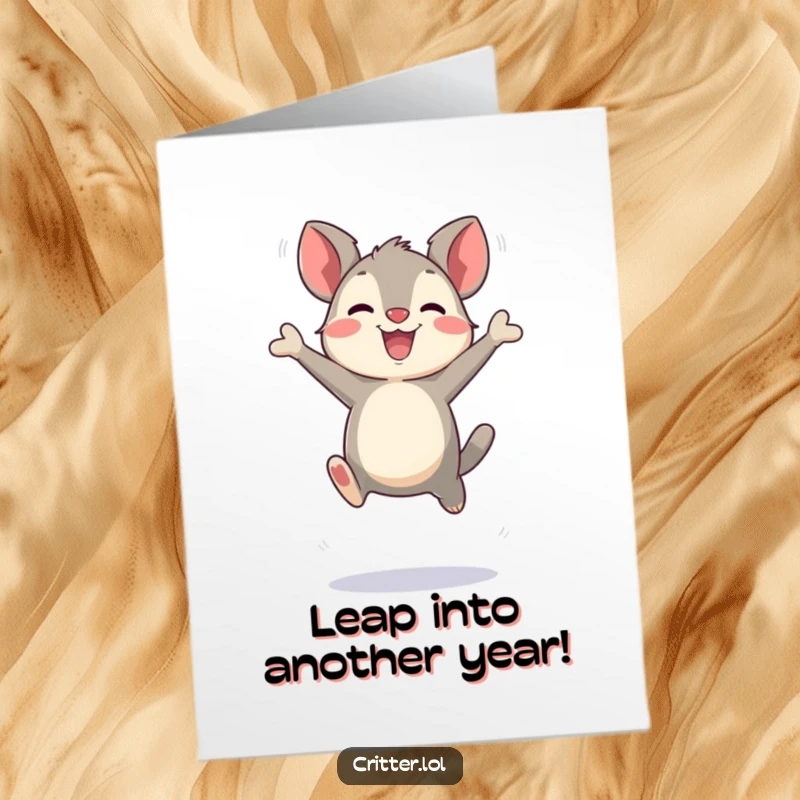 Funny Free Printable Birthday Card: Bouncing critter mid-air with exaggerated joyful leaps, celebrating with pure elation, humorous downloadable gift.