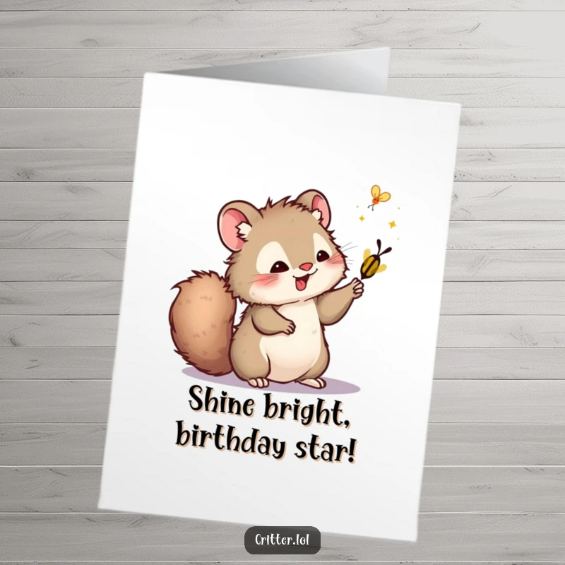 Funny Free Printable Birthday Card: A furry critter swatting a firefly, celebrating a birthday with joy.