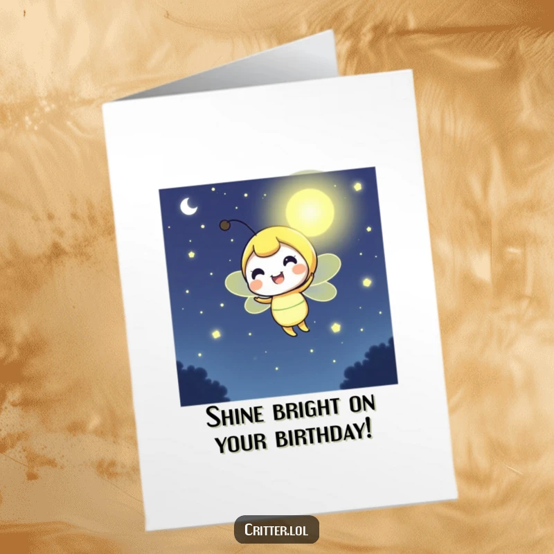 Funny Free Printable Birthday Card: A cheerful firefly radiating a bright glow, lighting up a dark night for a birthday.