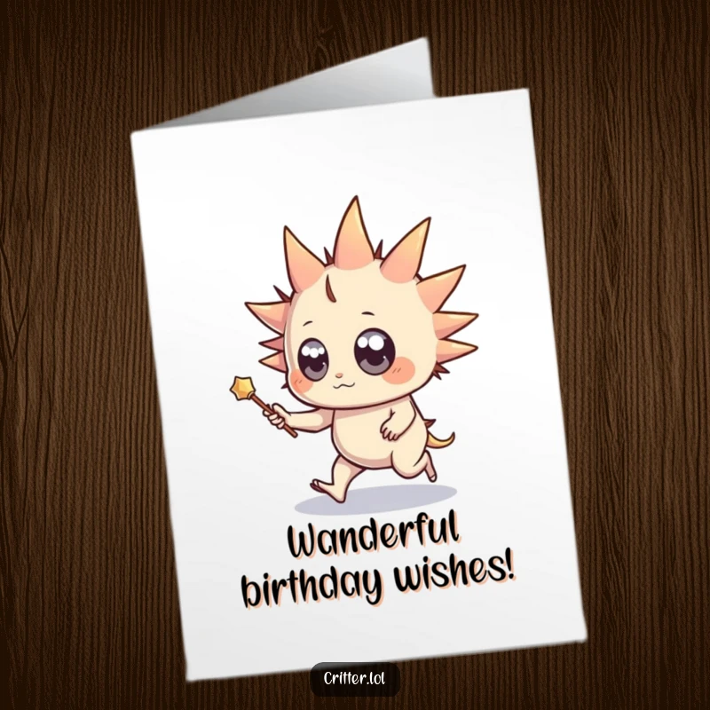 Funny Free Printable Birthday Card: Spiky creature with wide eyes holding a wand skipping joyfully, DIY.