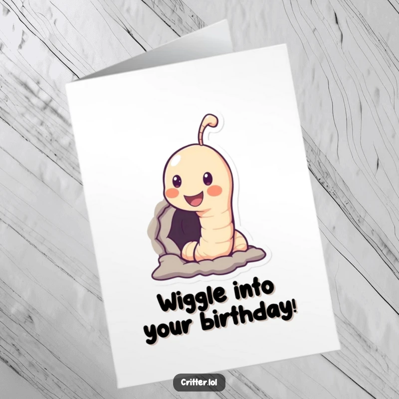 Funny Free Printable Birthday Card: Smiling worm pops its head out of a tiny hole, wishing a happy birthday with glee.