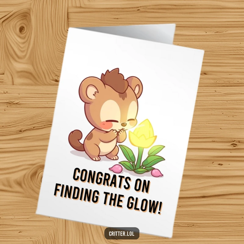 Funny Free Printable Congratulations Card: Curious creature intently sniffing a mysterious glowing plant, exploring new possibilities, unique downloadable art.