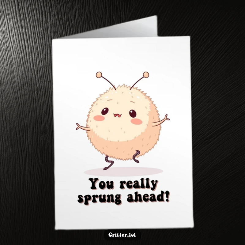 Funny Free Printable Congratulations Card: Chubby, furry alien with antennae gleefully bouncing, celebrating your amazing achievement.