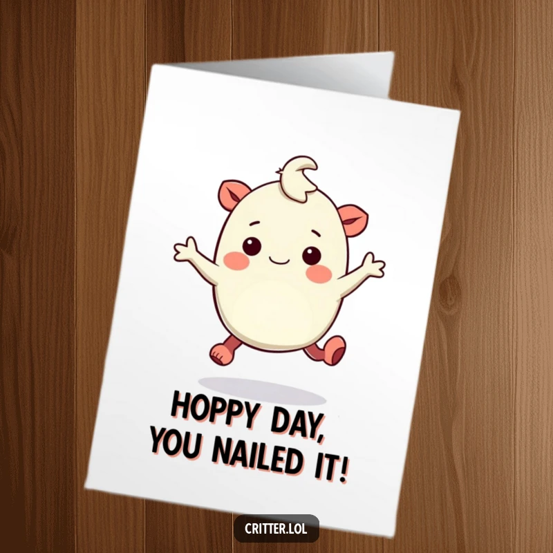 Funny Free Printable Congratulations Card: Bouncy creature with rubbery legs hopping with amusement, celebrating a fantastic achievement with pure glee.