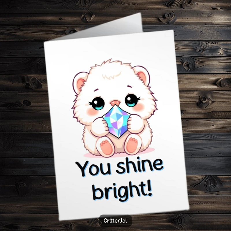 Funny Free Printable Congratulations Card: A fluffy critter embraces a dazzling gem, symbolizing precious achievements.