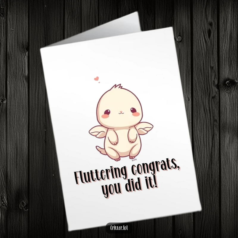 Funny Free Printable Congratulations Card: Shy creature with small wings fluttering upwards, celebrating success.