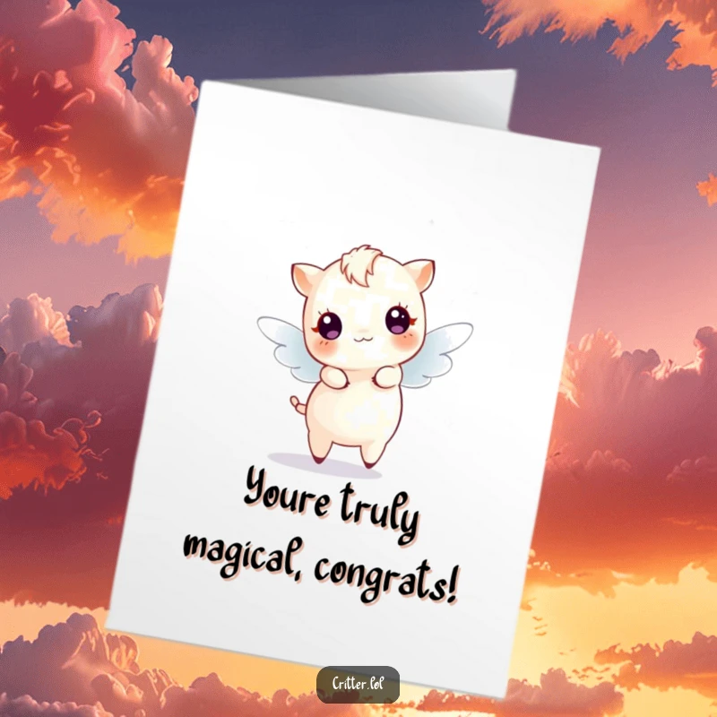 Funny Free Printable Congratulations Card showcasing a tiny, winged creature dancing with sparkling, celebratory energy.