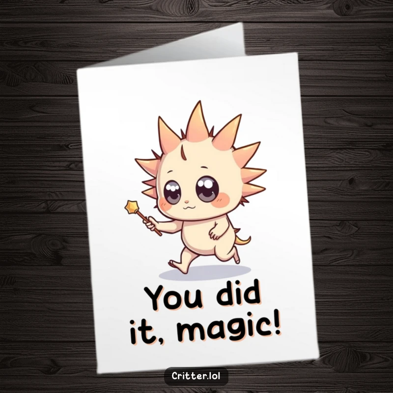Funny Free Printable Congratulations Card: Spiky creature with wide eyes and wand skipping triumphantly, DIY.