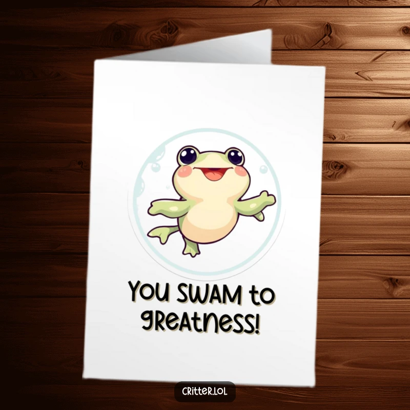 Funny Free Printable Congratulations Card: Happy tadpole swimming in enthusiastic circles, celebrating a win with joyful motion.