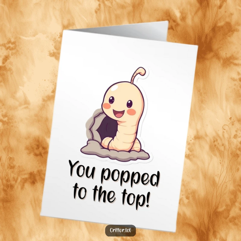 Funny Free Printable Congratulations Card: Smiling worm peeks out of a small hole, celebrating a win with a cheerful grin.