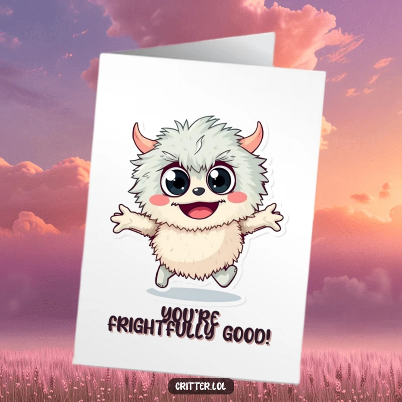 Funny Free Printable Congratulations Card: A fuzzy monster with googly eyes skipping joyfully, celebrating wins with enthusiasm.