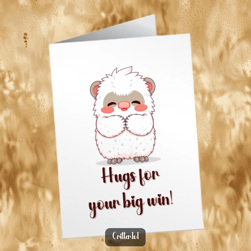 Funny Free Printable Congratulations Card: Tiny yeti offering a massive, heartwarming, fuzzy hug.