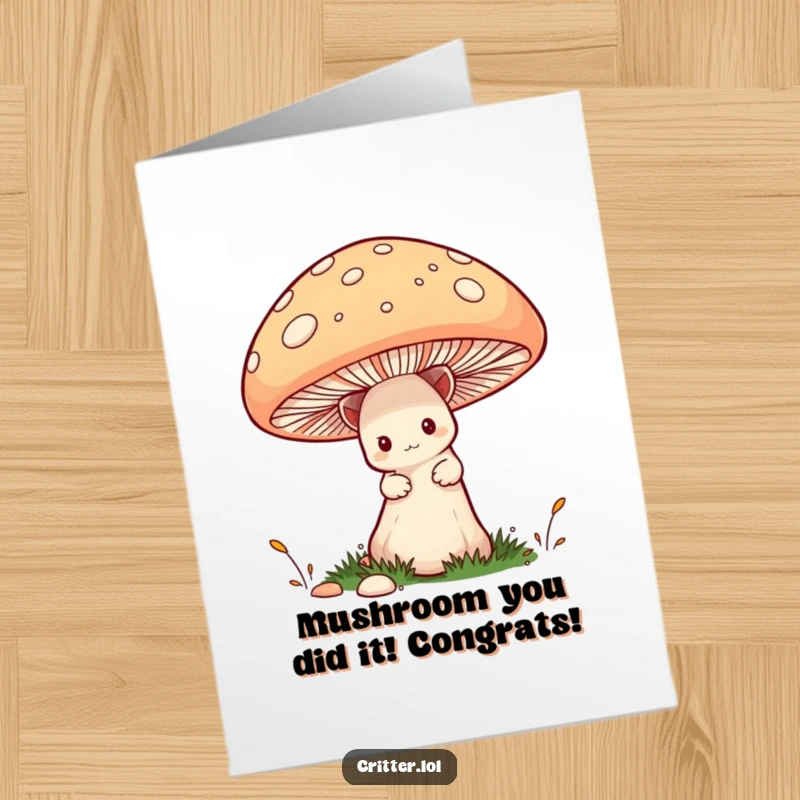 Free Printable Congratulations Card: Shy critter peeking from a mushroom, conveying subtle yet funny well wishes.