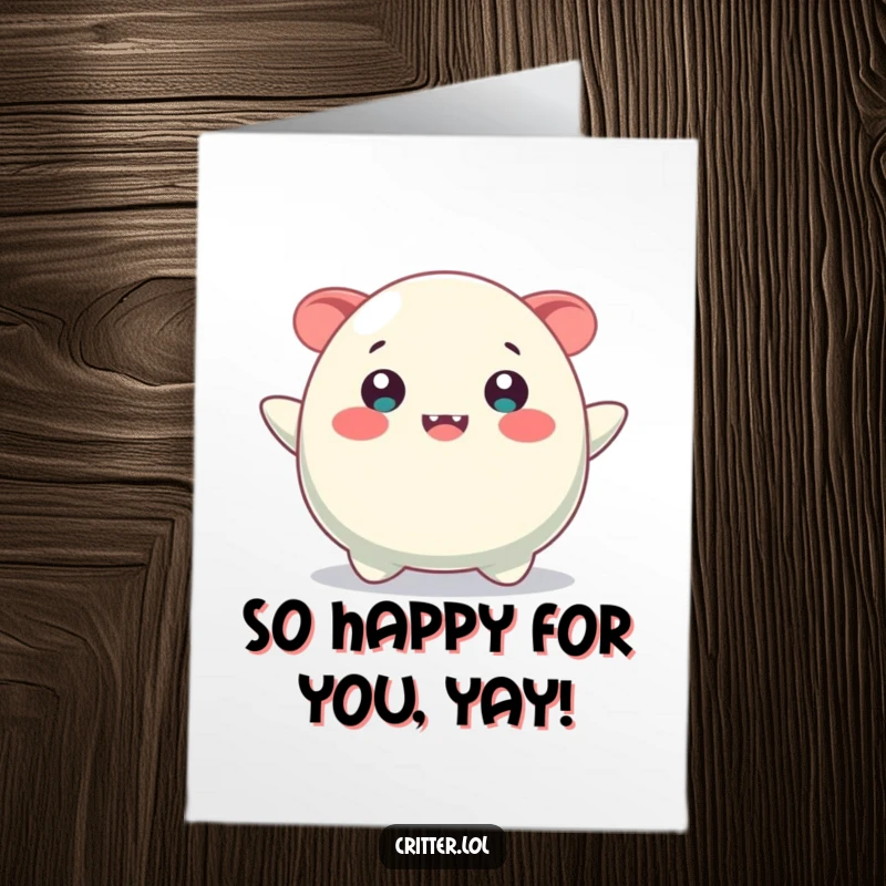 Funny Free Printable Congratulations Card showcasing a jubilant, bouncing blob creature with a wide, beaming smile, celebrating achievements.