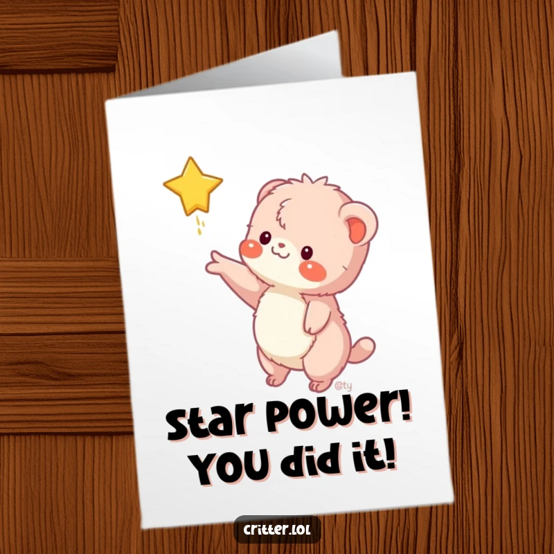 Funny Free Printable Congrats Card: Fuzzy creature stretching for a falling star, unique downloadable gift, print at home