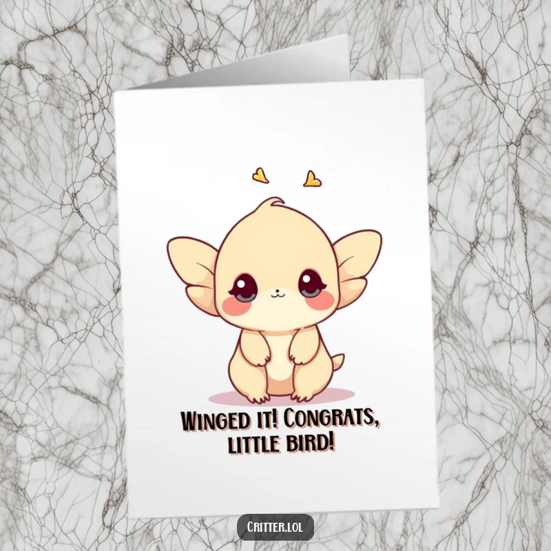 Funny Free Printable Congratulations Card: Shy creature with small wings fluttering upwards, symbolizing a gentle rise to success and celebration.