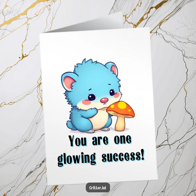 Funny Free Printable Congratulations Card: Blue furry critter with antennas sniffs a glowing mushroom, celebrating an achievement.