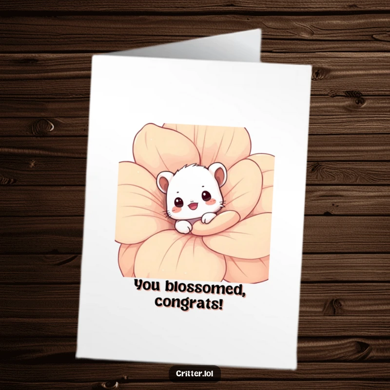 Funny Free Printable Congratulations Card: A shy critter cautiously peeks from a large flower. Cute, downloadable art for gentle congratulations.