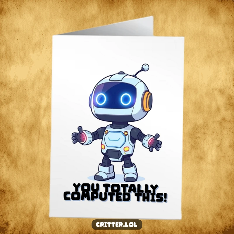 Funny Free Printable Congratulations Card featuring a dancing robot with all its lights blinking, celebrating a major accomplishment.
