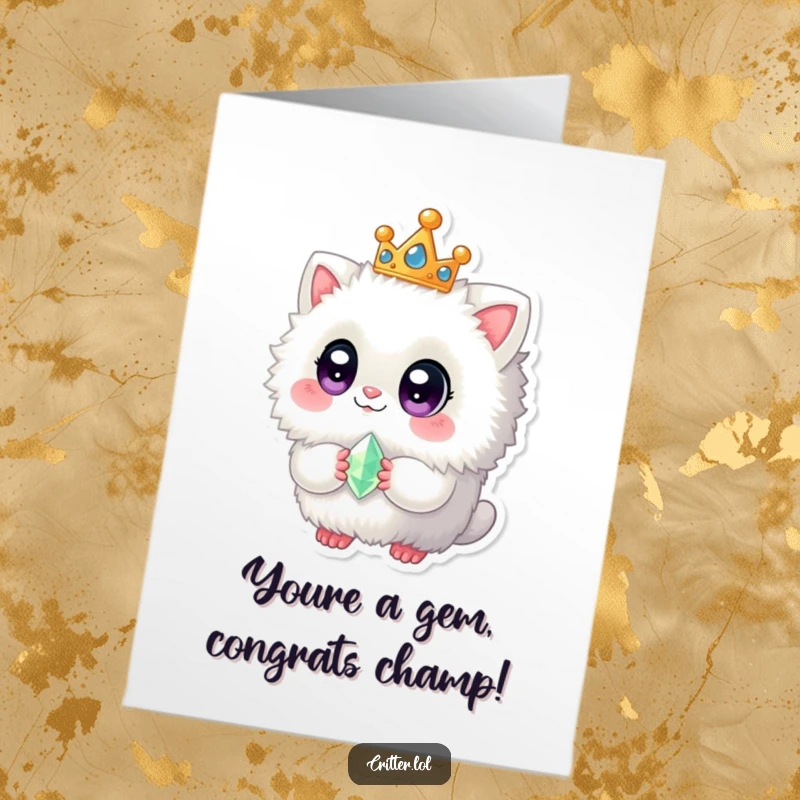 Funny Free Printable Congratulations Card: A fuzzy creature wearing a crown holds a gem, celebrating your grand success.