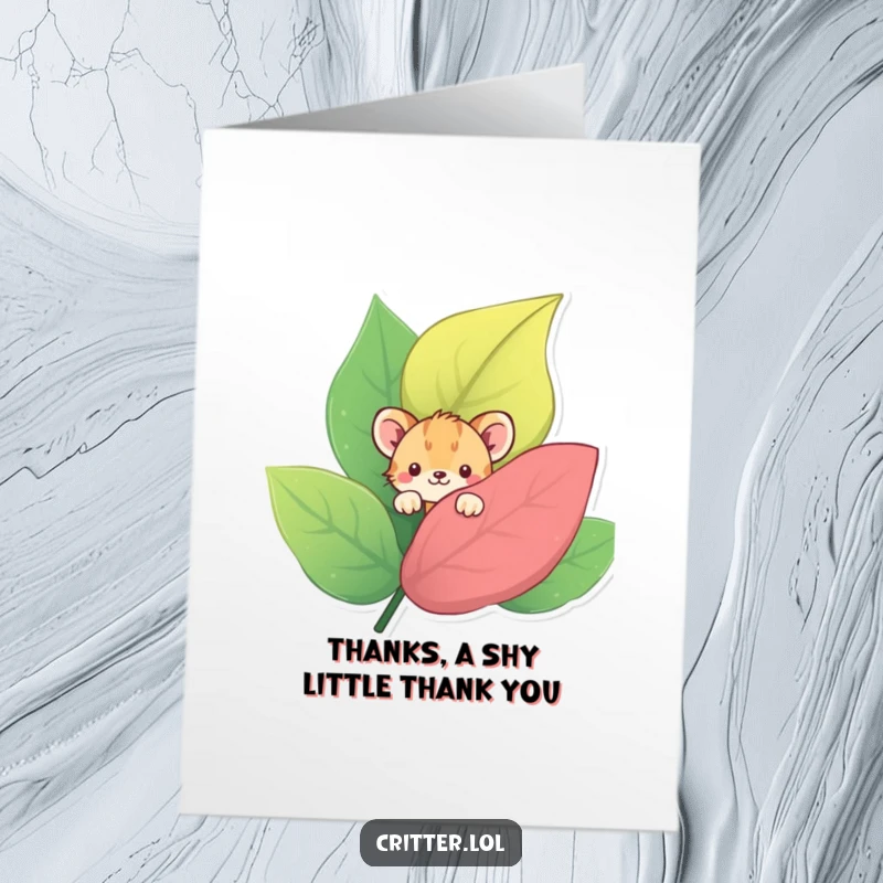 Funny Free Printable Thank You Card: Shy critter peeking from a colorful leaf, offering a gentle thank you.