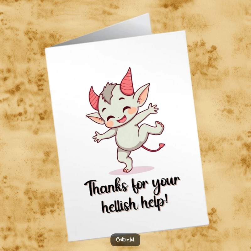 Funny Free Printable Thank You Card with a cute imp in devil horns doing a cartwheel, conveying thanks with mischief.