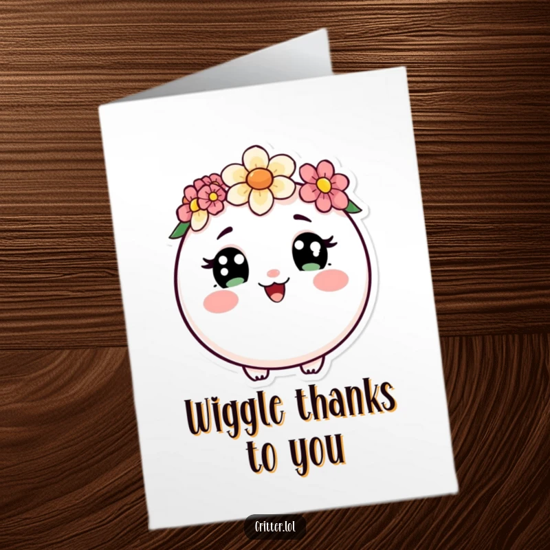 Funny Free Printable Thank You Card: Round critter with flower crown and curious eyes wiggling thankfully, DIY.