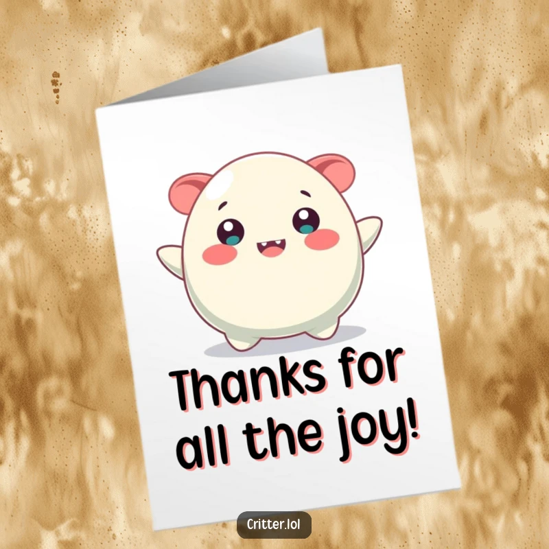 Funny Free Printable Thank You Card depicting a cheerful blob creature bouncing happily with a colossal smile, conveying thanks.