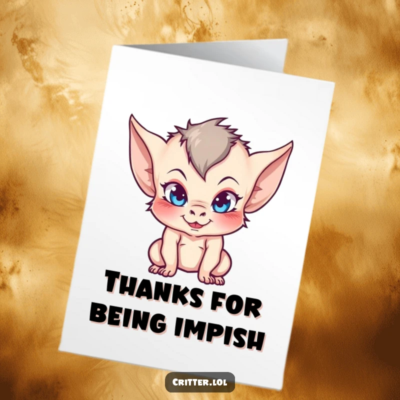 Funny Free Printable Thank You Card: A mischievous imp with pointy ears offers a playful, thankful gesture.