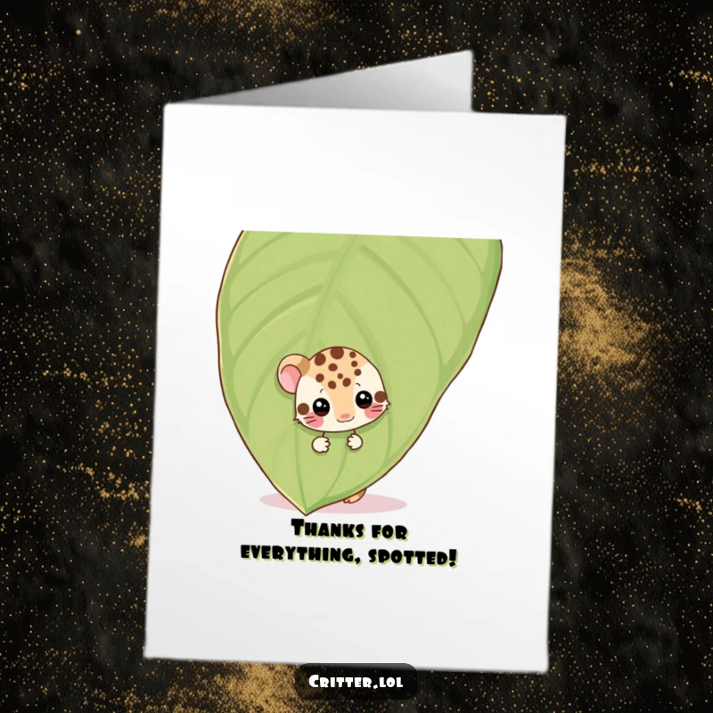 Funny Free Printable Thank You Card: Shy spotted critter peeks from behind a giant leaf, wiggling bashfully.