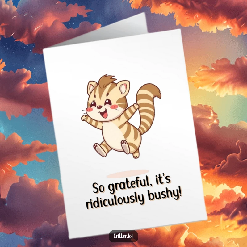 Funny Free Printable Thank You Card: Striped creature with bushy tail leaping joyfully in appreciation.