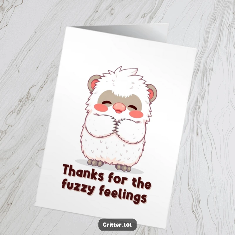 Funny Free Printable Thank You Card: A tiny yeti giving a comforting, warm, fuzzy hug.