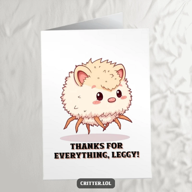 Funny free printable thank you card: A fluffy, multi-legged creature zipping along, delivering thanks with speed.