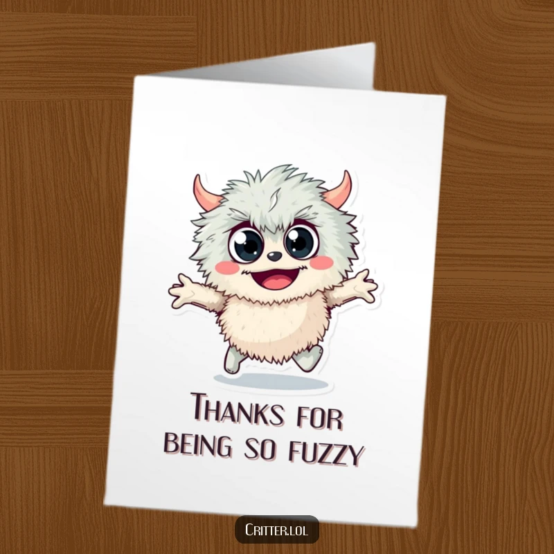 Funny Free Printable Thank You Card: A fuzzy monster with googly eyes skipping joyfully, expressing thanks with happy energy.