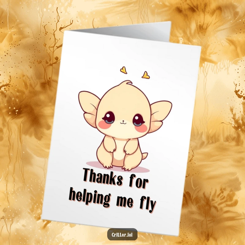 Funny Free Printable Thank You Card: A shy creature with small wings fluttering upwards, conveying soft, sincere thanks with a gentle spirit.