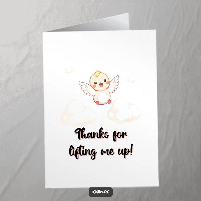 Funny Free Printable Thank You Card: Winged critter flying through clouds, airborne thanks, print at home