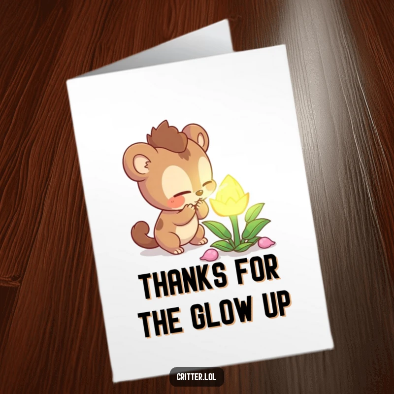 Funny Free Printable Thank You Card: Curious creature sniffing a mysterious glowing plant with bright eyes, expressing thanks for amazing things, humorous DIY gift.