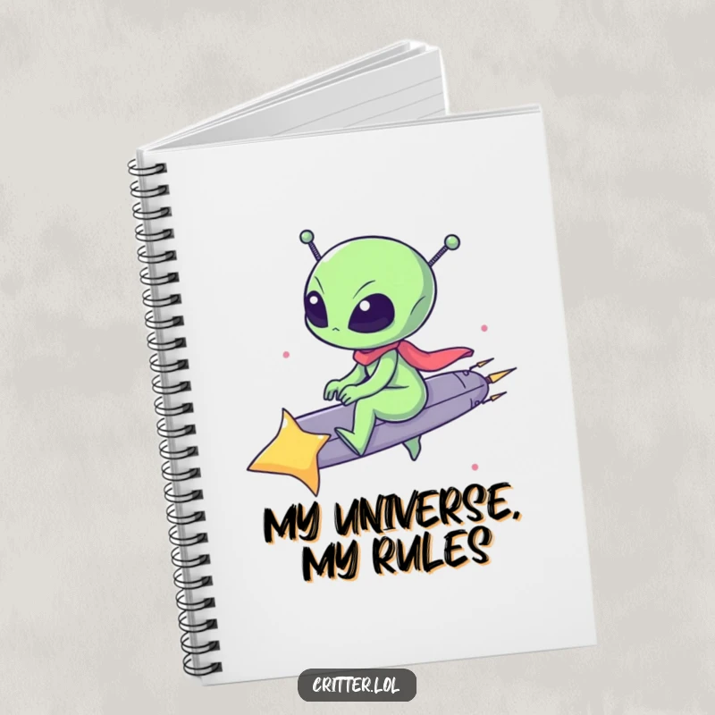 Funny notebook cover with a small alien riding a shooting star, perfect for journaling cosmic adventures or funny notes.