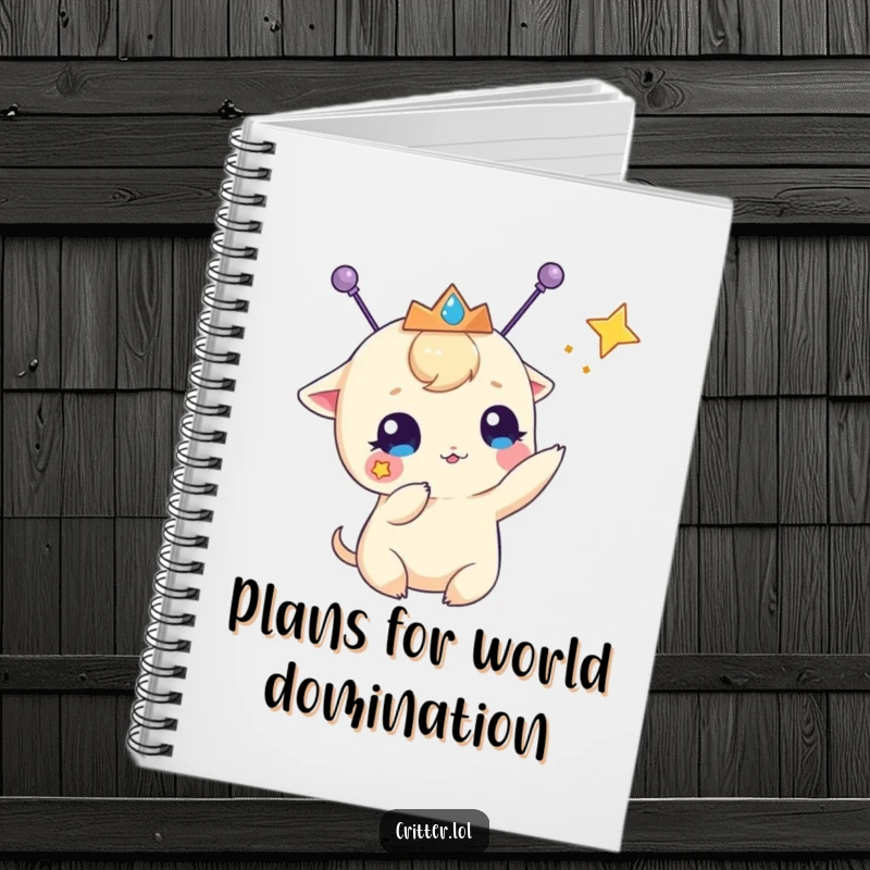 Funny notebook adorned with a creature with antennae and a tiara, batting at a star, perfect for jotting down funny thoughts.