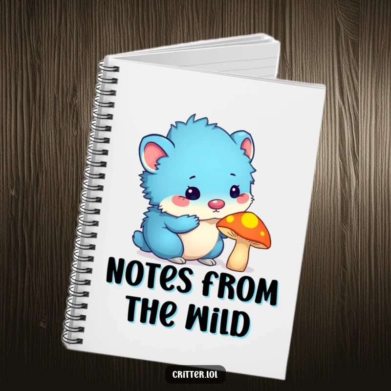 Funny blue furry critter with antennas sniffing a glowing mushroom, gracing the cover of a notebook for creative writing.