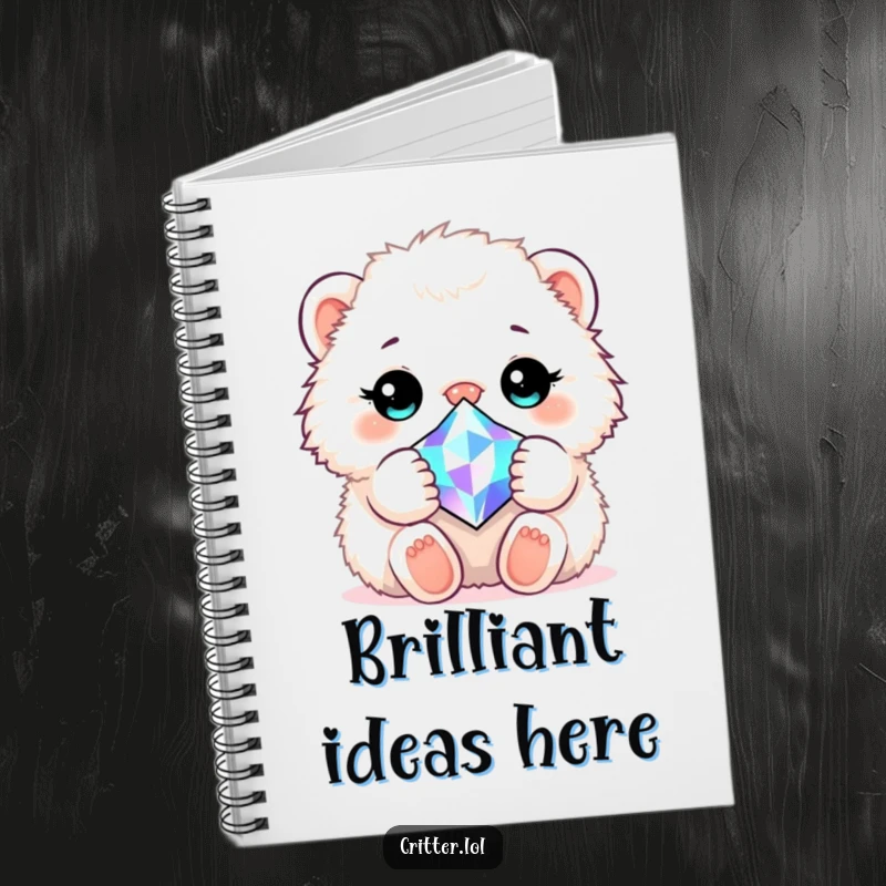 Funny notebook with a fluffy critter cuddling a brilliant, sparkling gem, great for writing and planning.